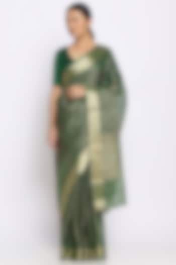 Green Organza Handwoven Festive Saree by Via East at Pernia's Pop Up Shop