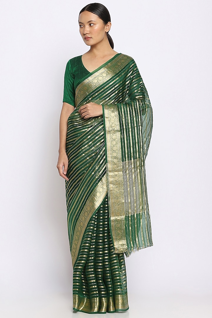 Green Organza Handwoven Festive Saree by Via East at Pernia's Pop Up Shop