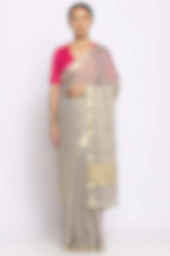 Silver Georgette Tissue Embellished Handwoven Saree by Via East at Pernia's Pop Up Shop