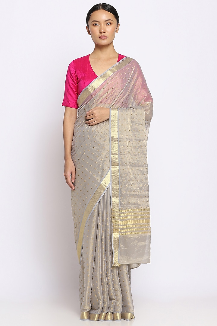 Silver Georgette Tissue Embellished Handwoven Saree by Via East at Pernia's Pop Up Shop