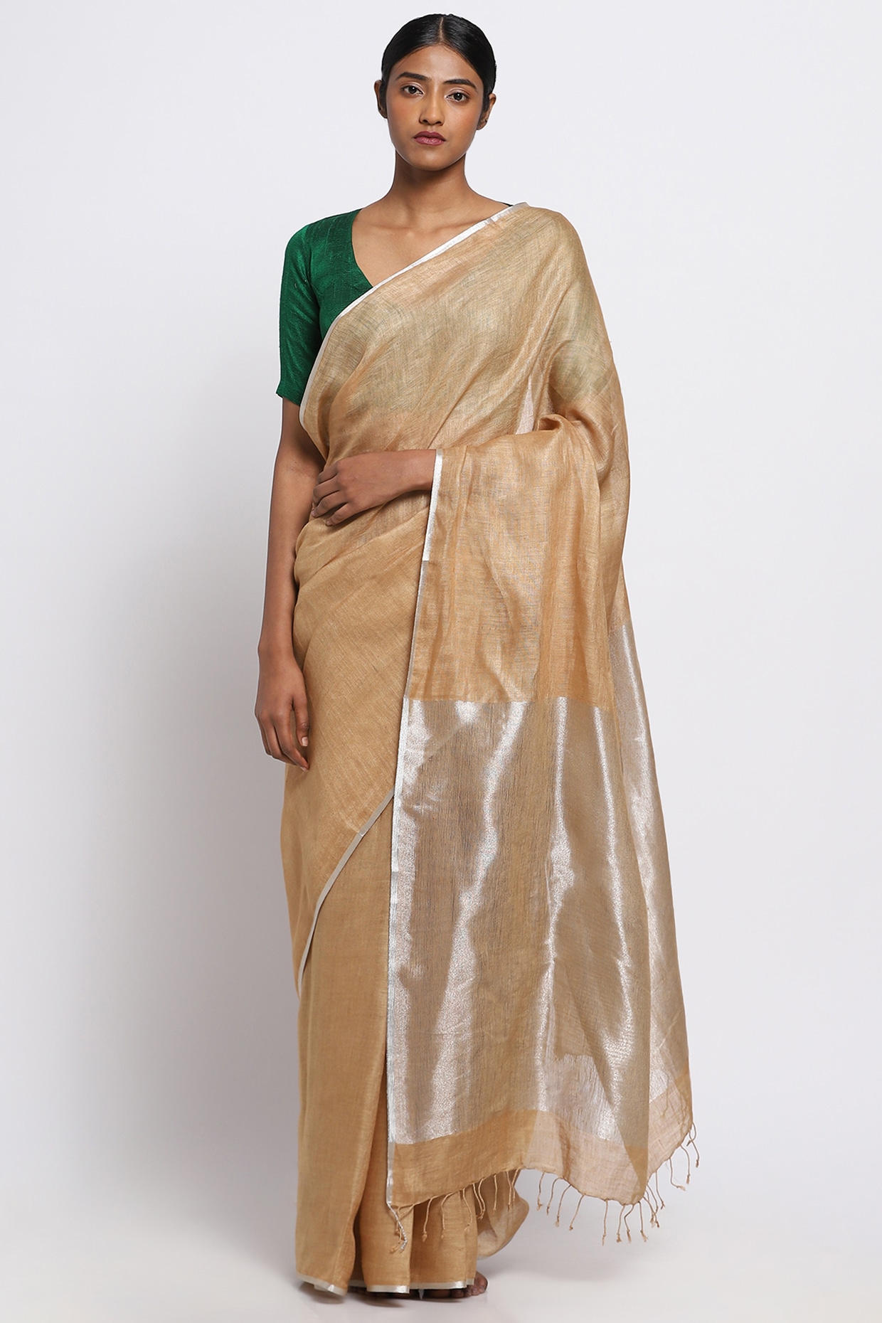 Soft Bengal Handwoven Linen Saree - Ochre & Gold