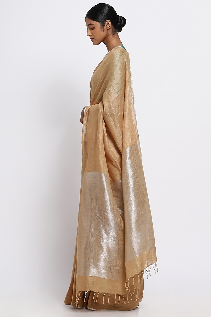 Gold Pure Linen Festive Saree by Via East at Pernia's Pop Up Shop
