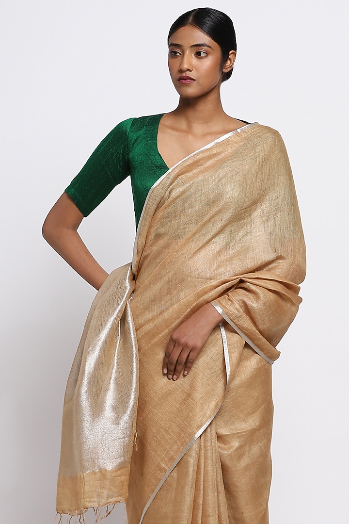 Gold Pure Linen Festive Saree by Via East at Pernia's Pop Up Shop