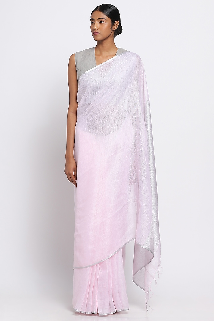 Powder Pink Pure Linen Saree by Via East