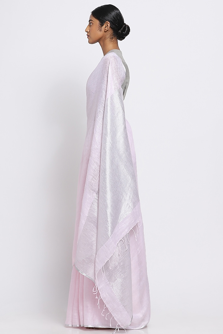 Powder Pink Pure Linen Festive Saree by Via East at Pernia's Pop Up Shop