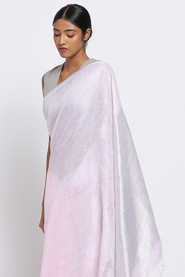 Powder Pink Pure Linen Festive Saree by Via East at Pernia's Pop Up Shop
