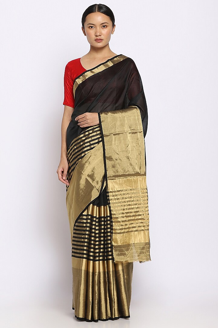 Black Silk Handwoven Festive Saree by Via East at Pernia's Pop Up Shop
