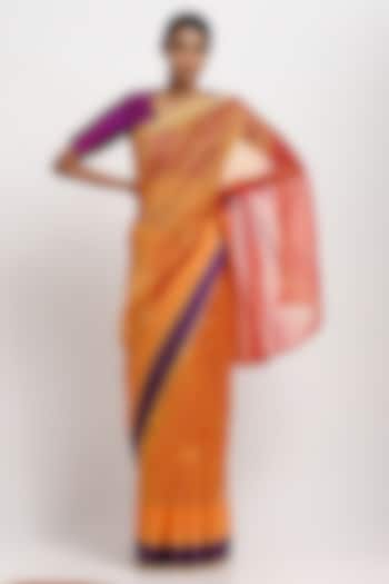 Orange Silk Cotton Handwoven Maheshwari Festive Saree by Via East at Pernia's Pop Up Shop