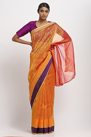 Orange Silk Cotton Handwoven Maheshwari Saree by Via East