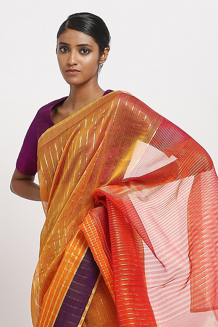 Orange Silk Cotton Handwoven Maheshwari Festive Saree by Via East at Pernia's Pop Up Shop