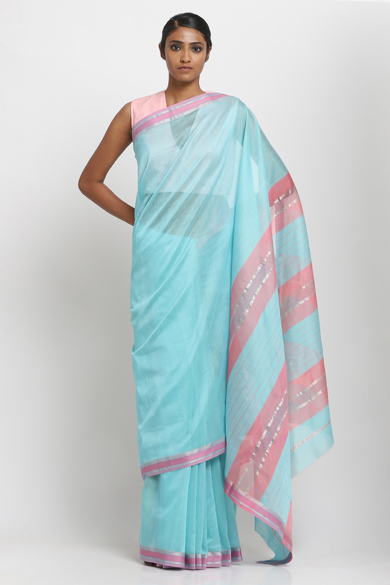 Sky Blue Saree in Cotton Rose Gold Woven - Clothsvilla