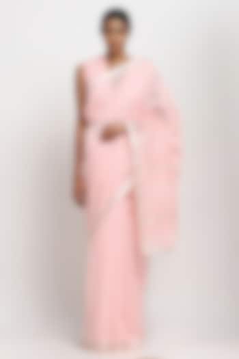 Powder Pink Silk Cotton Handwoven Maheshwari Festive Saree by Via East at Pernia's Pop Up Shop