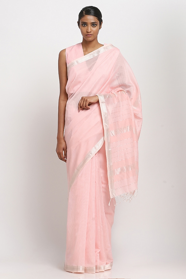 Powder Pink Silk Cotton Handwoven Maheshwari Festive Saree by Via East at Pernia's Pop Up Shop