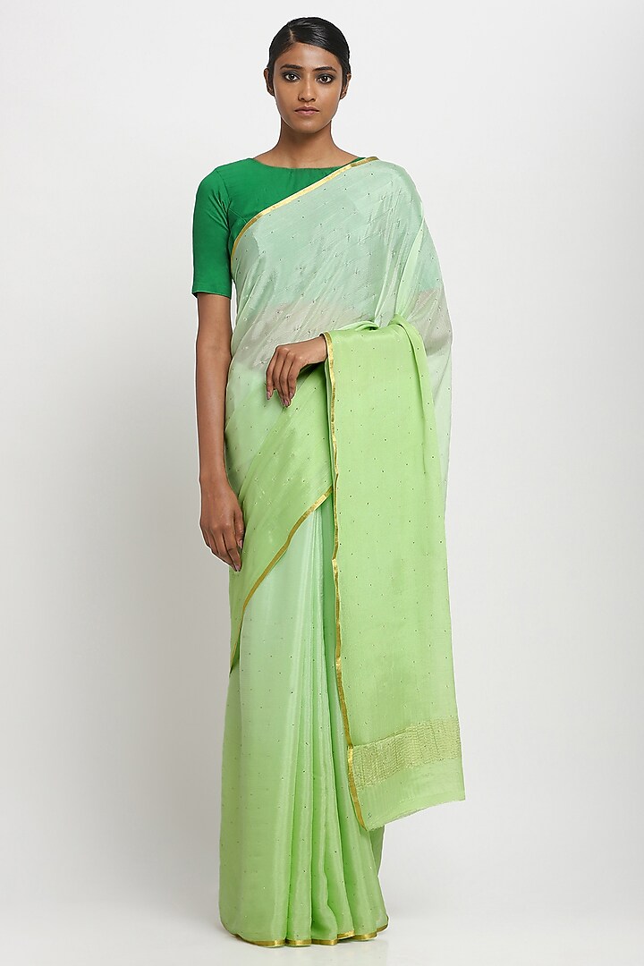 Green Pure Silk Crepe Ombre Festive Saree by Via East at Pernia's Pop Up Shop