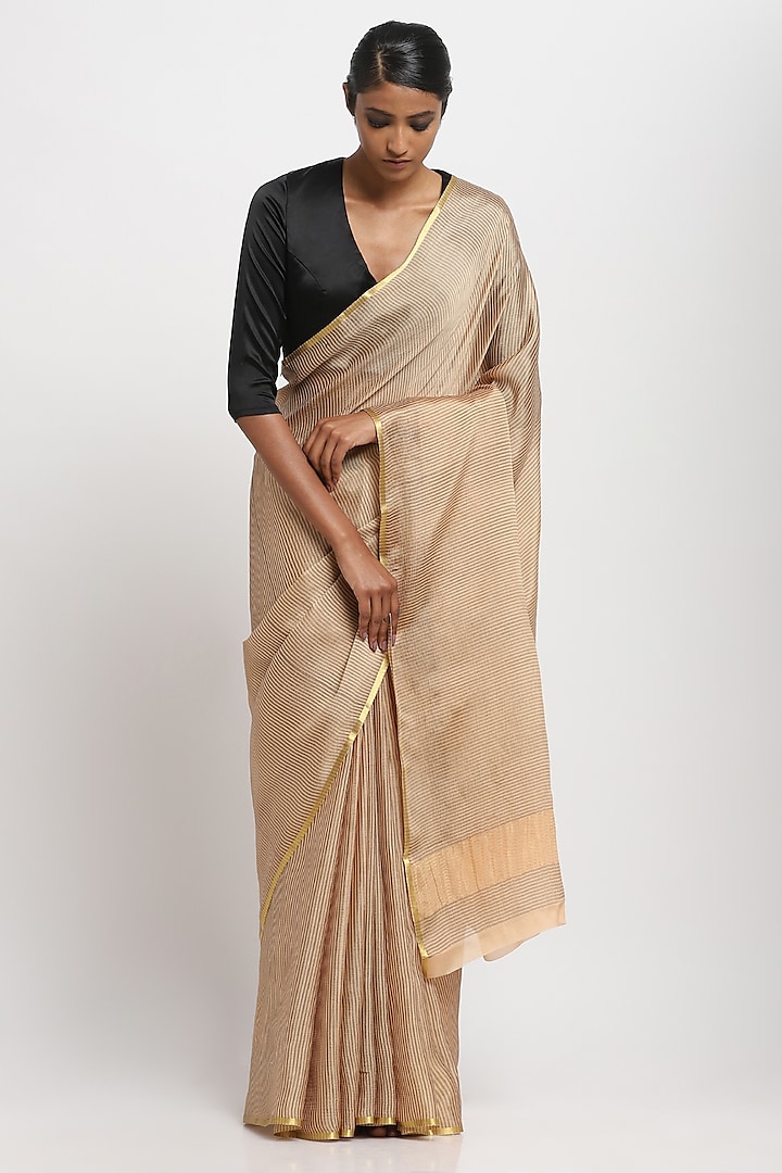 Gold Pure Silk Crepe Saree by Via East at Pernia's Pop Up Shop