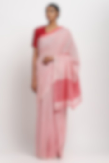 Red & White Cotton Handwoven Maheshwari Festive Saree by Via East at Pernia's Pop Up Shop