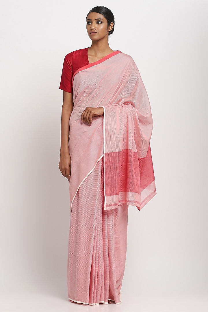 Red & White Cotton Handwoven Maheshwari Festive Saree by Via East at Pernia's Pop Up Shop