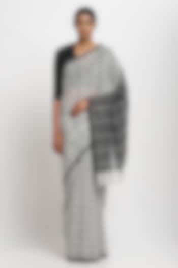 Black & White Cotton Handwoven Maheshwari Checkered Festive Saree by Via East at Pernia's Pop Up Shop