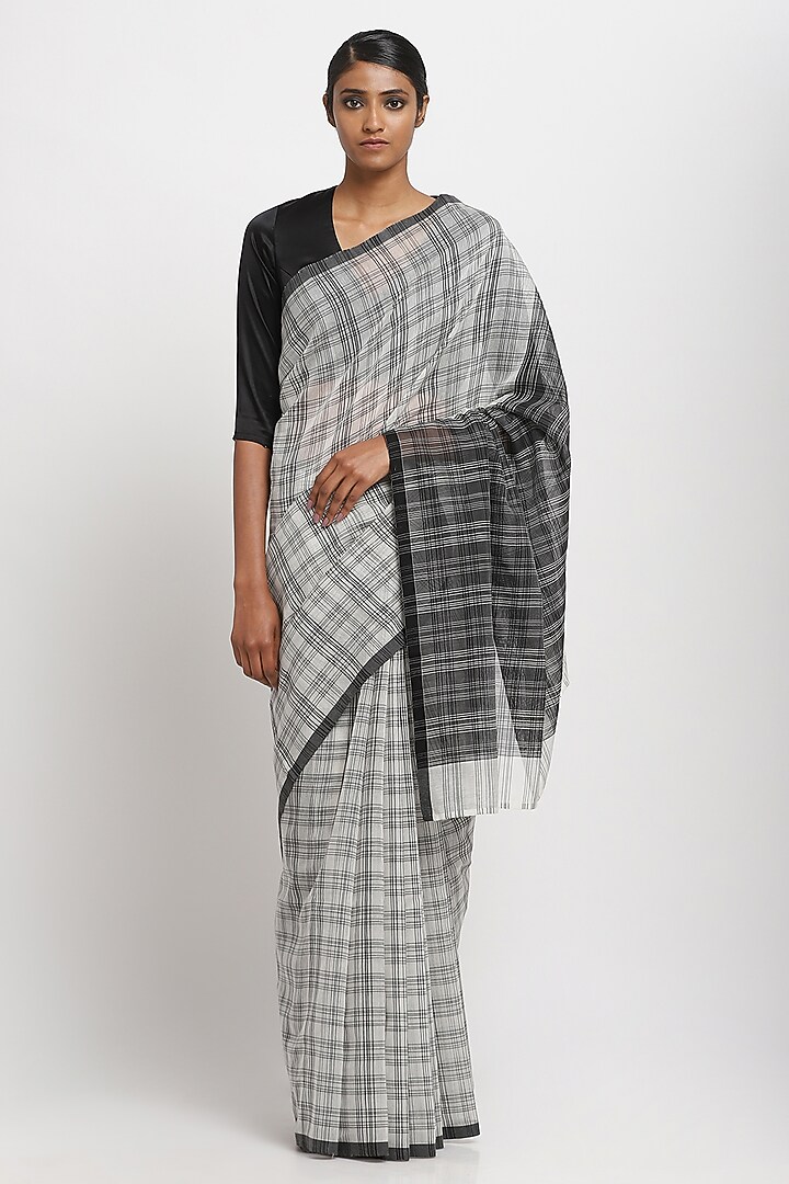 Black & White Cotton Handwoven Maheshwari Checkered Festive Saree by Via East at Pernia's Pop Up Shop
