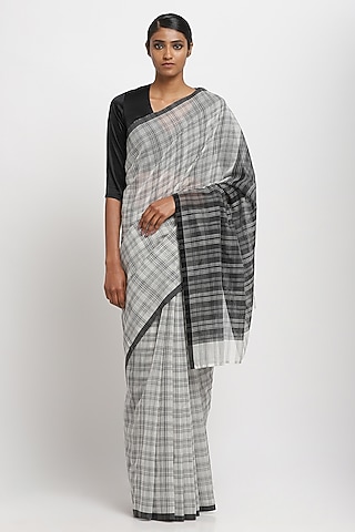 Black & White Cotton Handwoven Maheshwari Checkered Saree by Via East