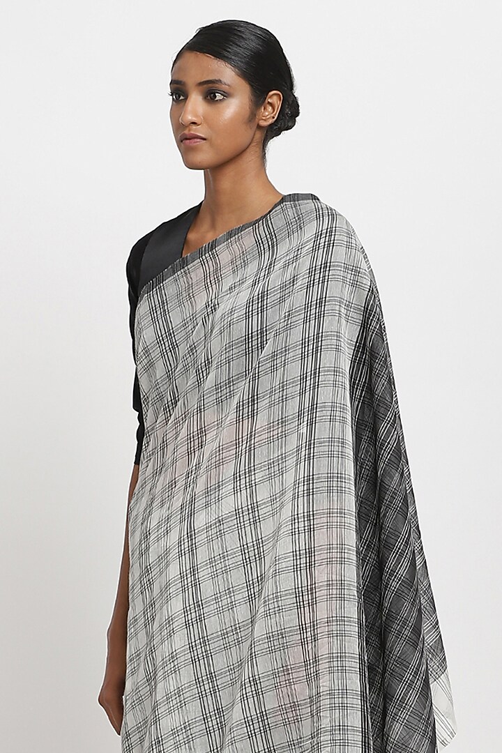 Black & White Cotton Handwoven Maheshwari Checkered Festive Saree by Via East at Pernia's Pop Up Shop