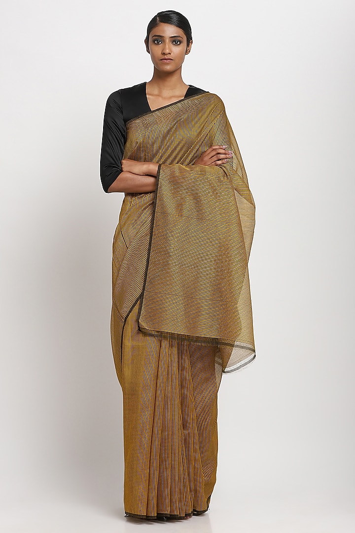 Mustard Cotton Handwoven Maheshwari Festive Saree by Via East at Pernia's Pop Up Shop