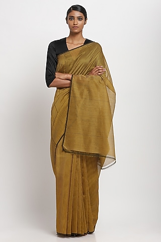 Mustard Cotton Handwoven Maheshwari Saree by Via East
