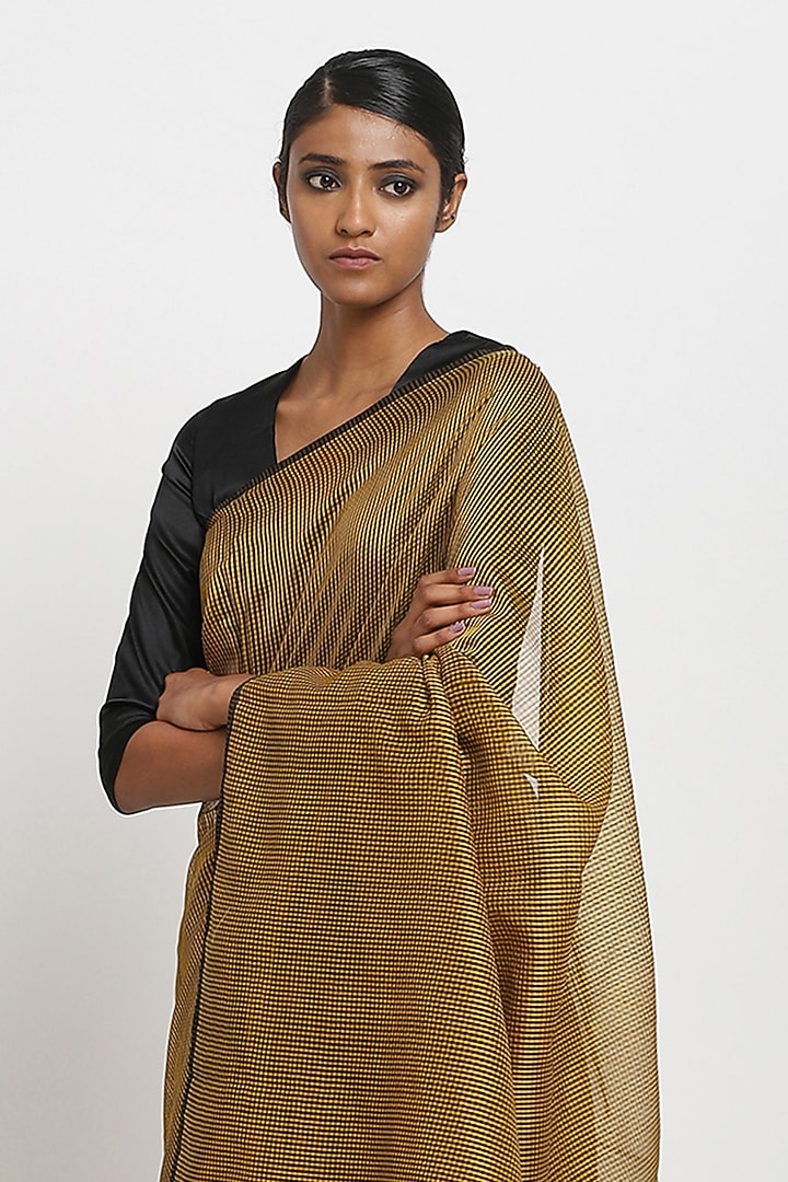 Mustard Cotton Handwoven Maheshwari Festive Saree by Via East at Pernia's Pop Up Shop