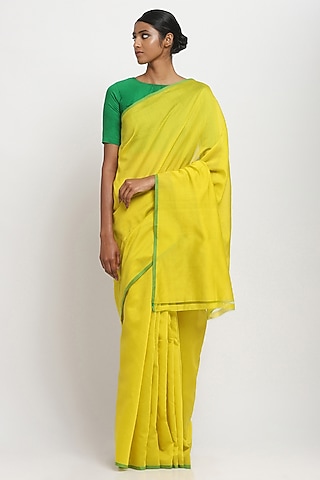 Yellow Cotton Handwoven Maheshwari Saree by Via East