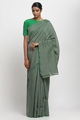 Green Cotton Handwoven Maheshwari Saree by Via East