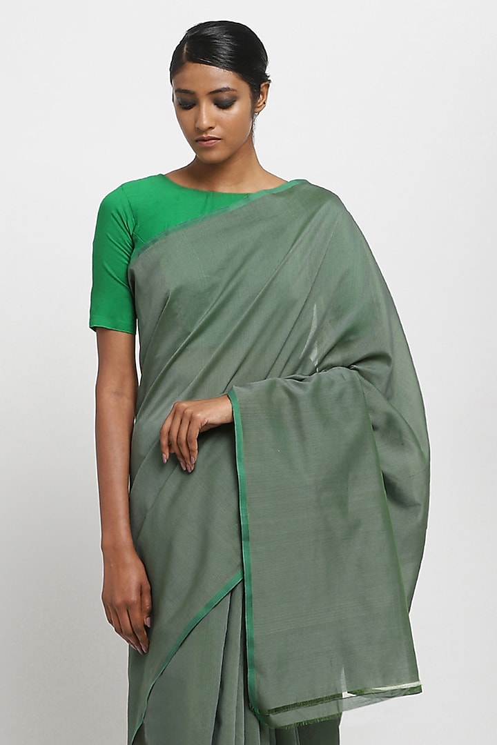 Green Cotton Handwoven Maheshwari Festive Saree by Via East at Pernia's Pop Up Shop