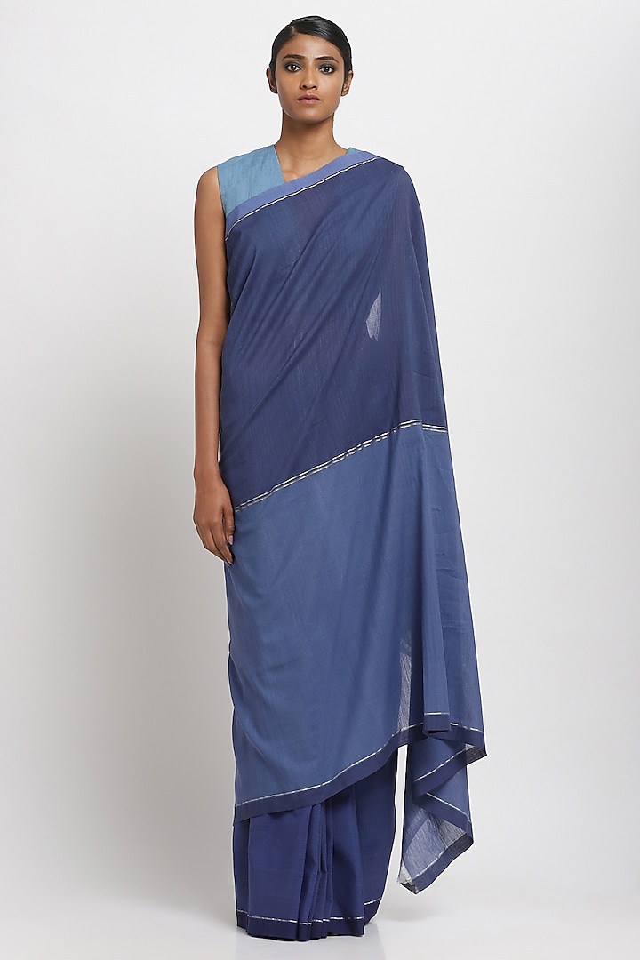 Blue Cotton Handwoven Maheshwari Saree by Via East