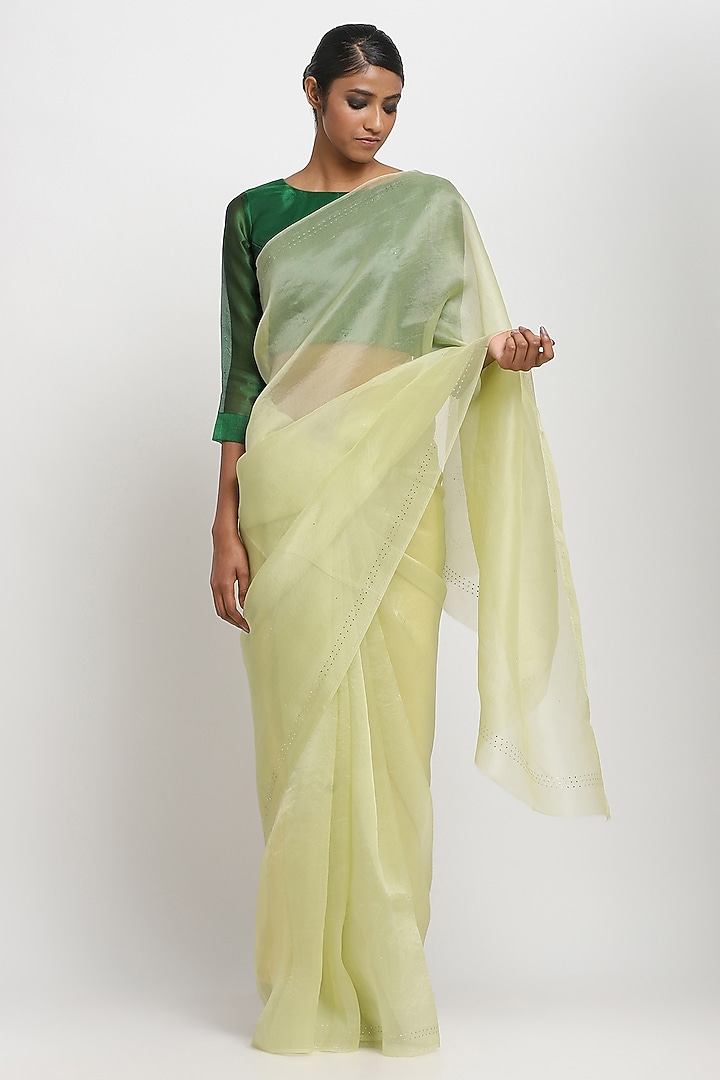 Tea Green Pure Silk Organza Festive Saree by Via East at Pernia's Pop Up Shop