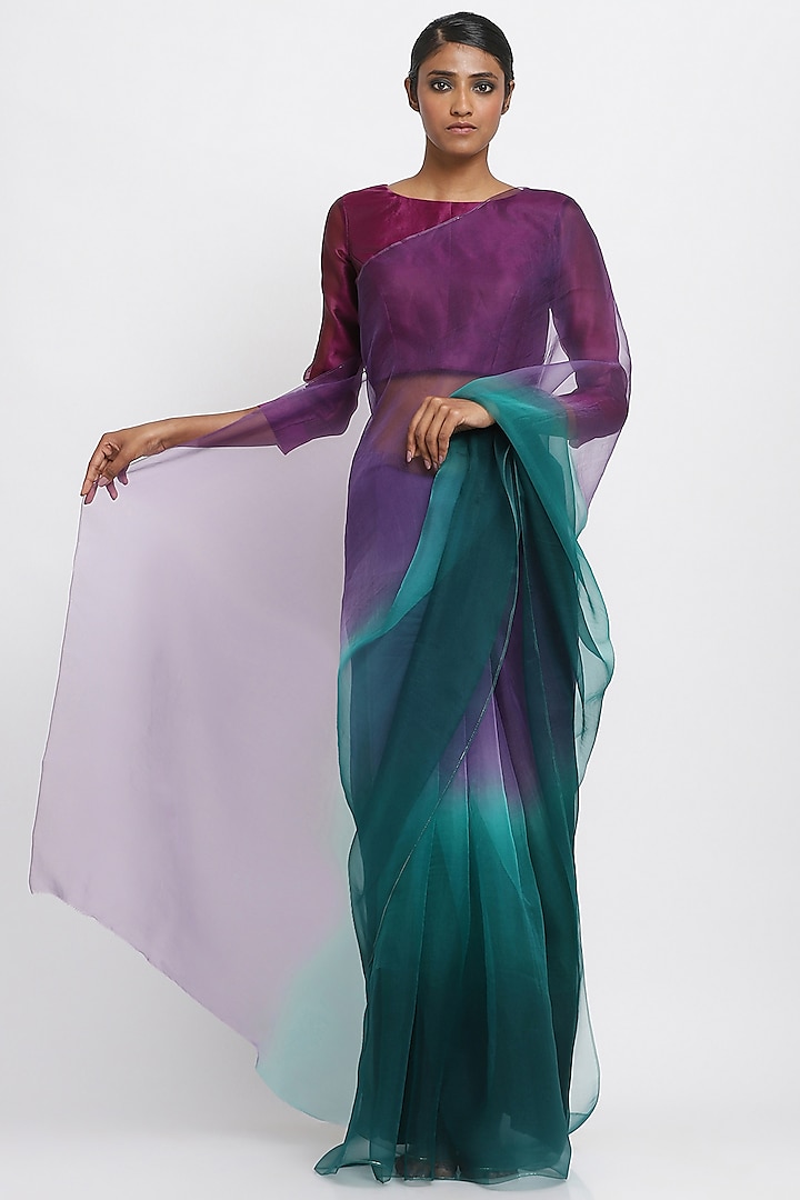 Purple & Green Ombre Pure Silk Organza Saree Design by Via East at Pernia's  Pop Up Shop 2024