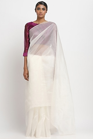 White Pure Silk Organza Saree by Via East
