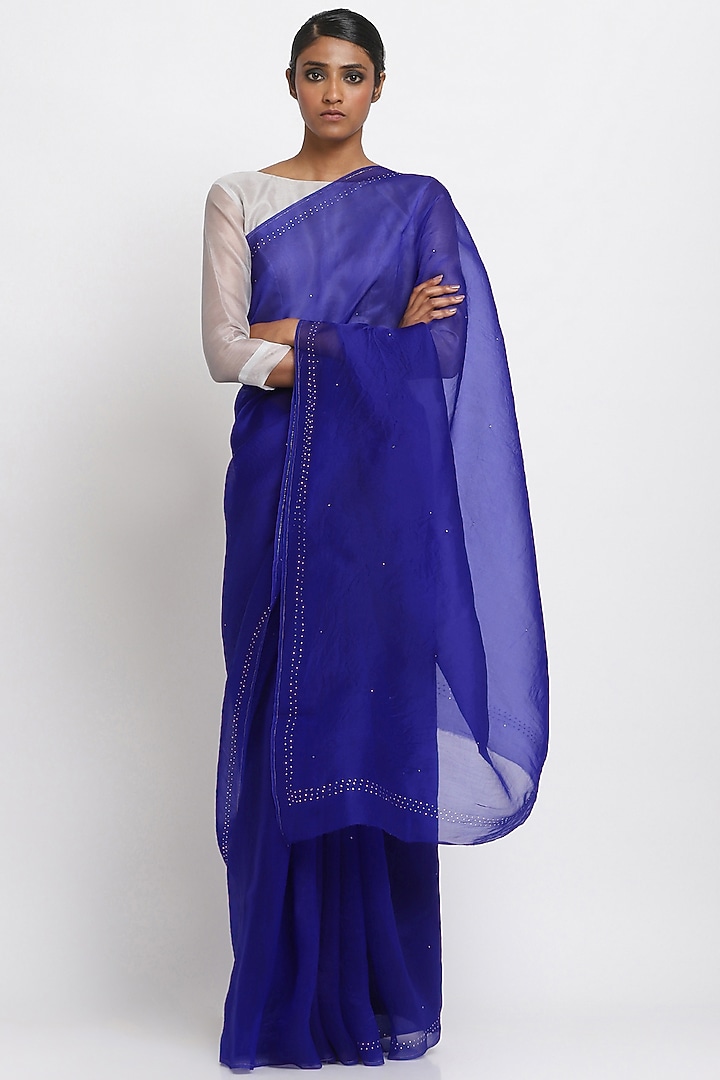 Blue Pure Silk Organza Festive Saree by Via East at Pernia's Pop Up Shop