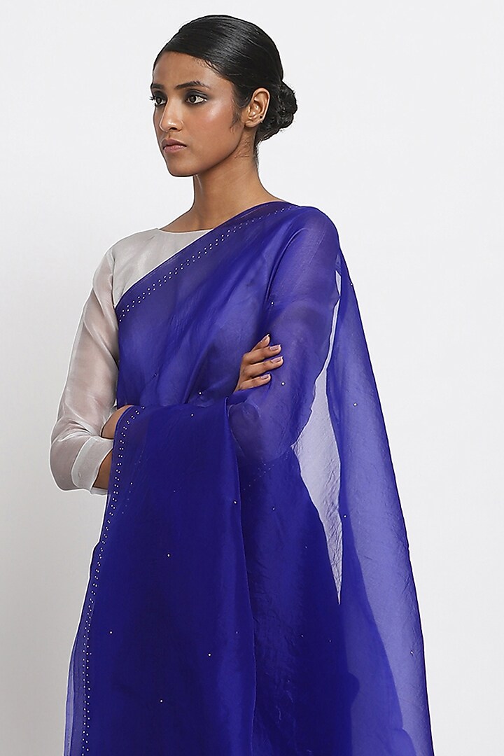 Blue Pure Silk Organza Festive Saree by Via East at Pernia's Pop Up Shop