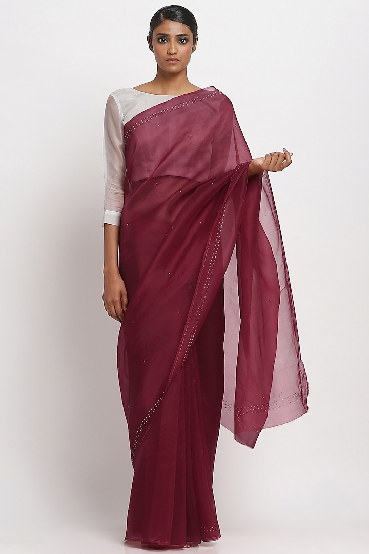 Maroon Pure Silk Organza Festive Saree by Via East at Pernia's Pop Up Shop