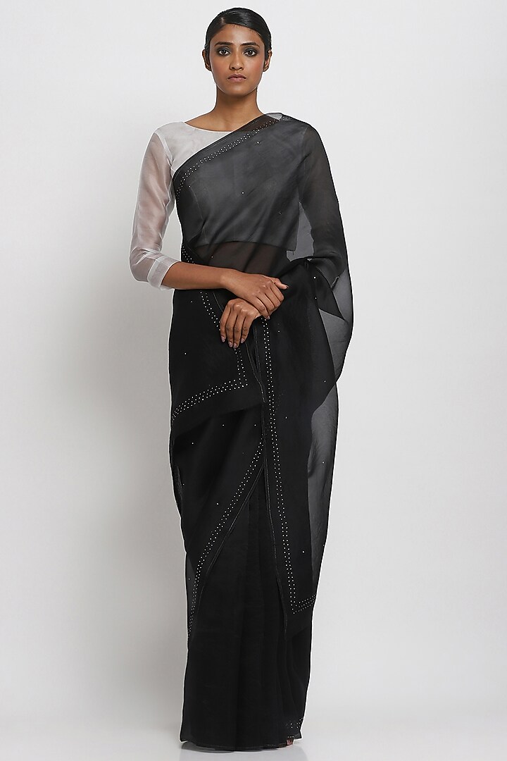Black Pure Silk Organza Festive Saree by Via East at Pernia's Pop Up Shop
