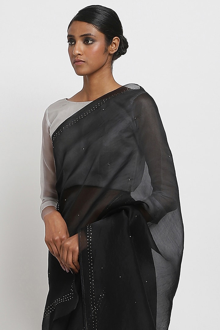 Black Pure Silk Organza Festive Saree by Via East at Pernia's Pop Up Shop