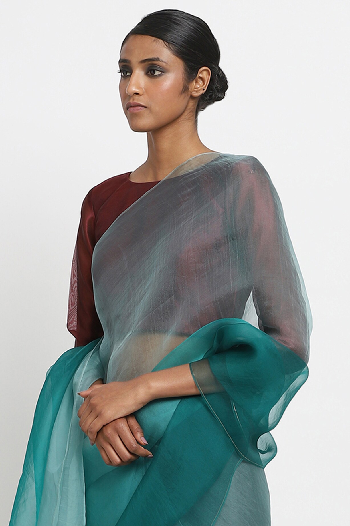 Ombre Wine Color Digital Printed Silk Organza Saree