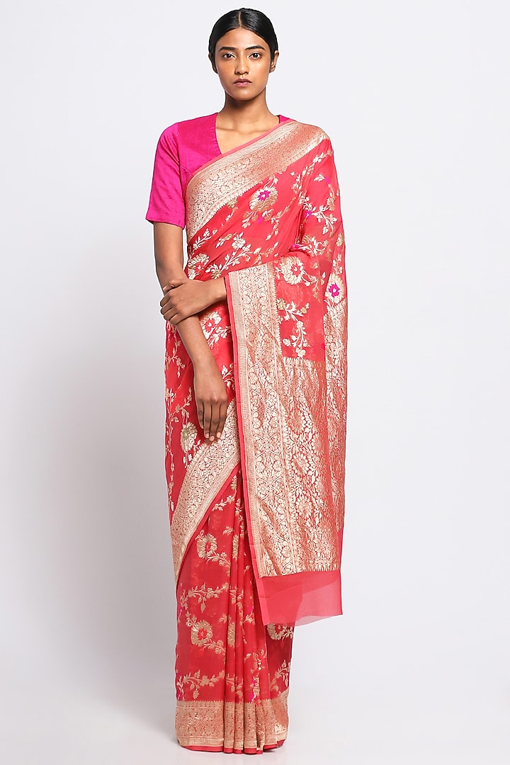 Coral Georgette Handwoven Banarasi Party Wear Saree by Via East at Pernia's Pop Up Shop