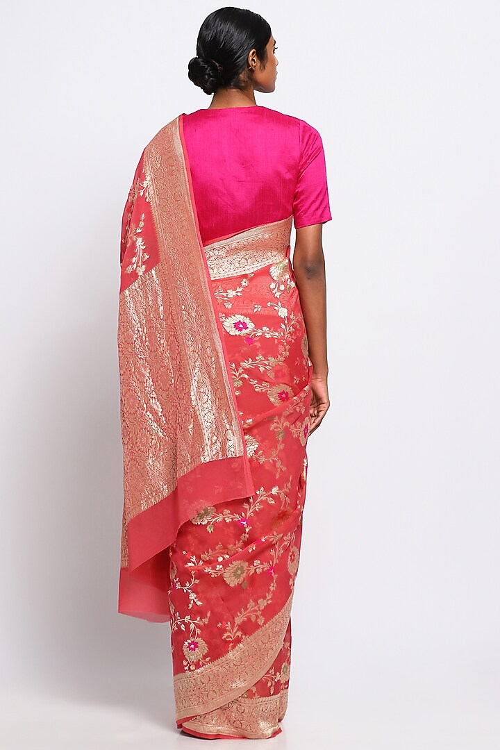 Coral Georgette Handwoven Banarasi Party Wear Saree by Via East at Pernia's Pop Up Shop