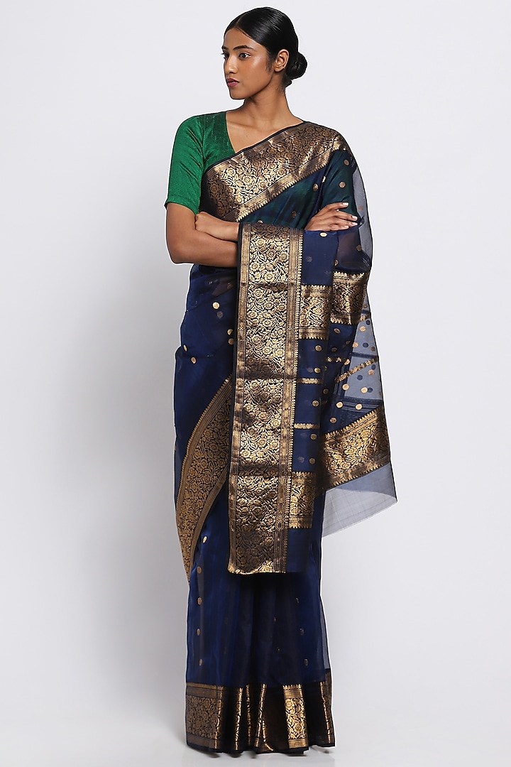Blue Silk Handwoven Saree by Via East
