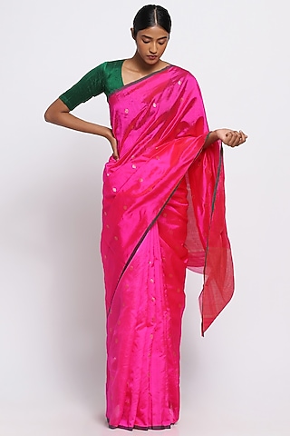 Pink Silk Chanderi Handwoven Saree by Via East