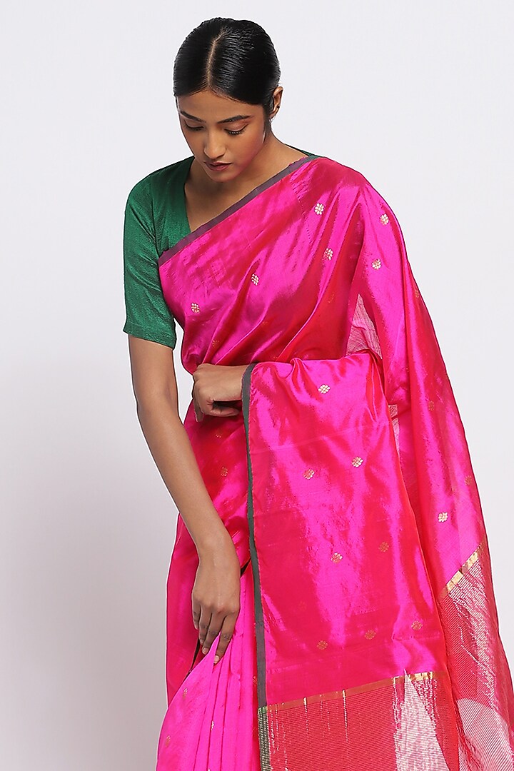 Pink Silk Chanderi Handwoven Festive Saree by Via East at Pernia's Pop Up Shop