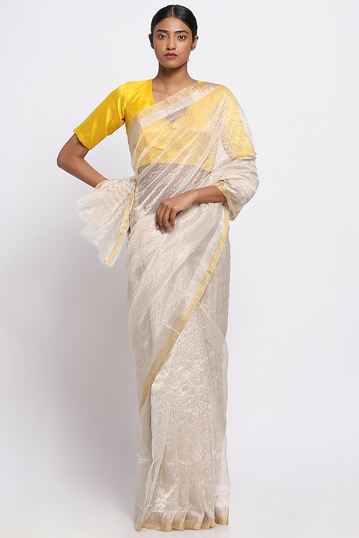 Gold & Silver Silk Chanderi Striped Saree by Via East