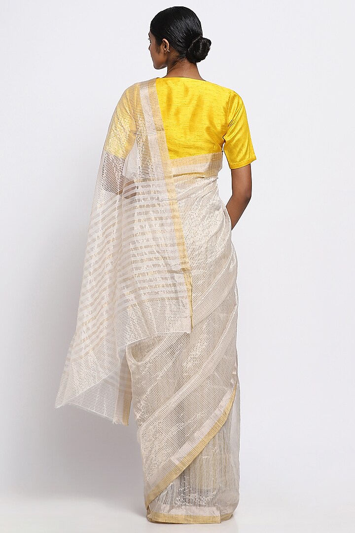 Gold & Silver Silk Chanderi Striped Festive Saree by Via East at Pernia's Pop Up Shop