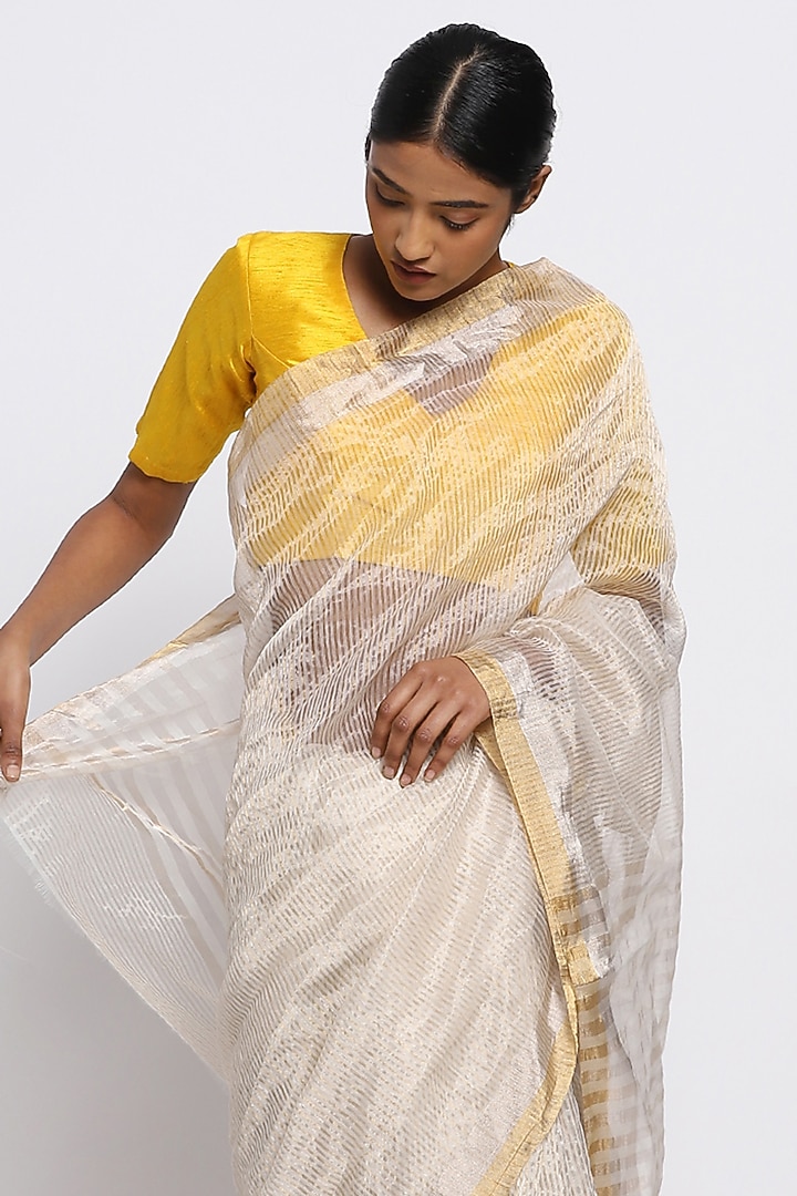 Gold & Silver Silk Chanderi Striped Festive Saree by Via East at Pernia's Pop Up Shop