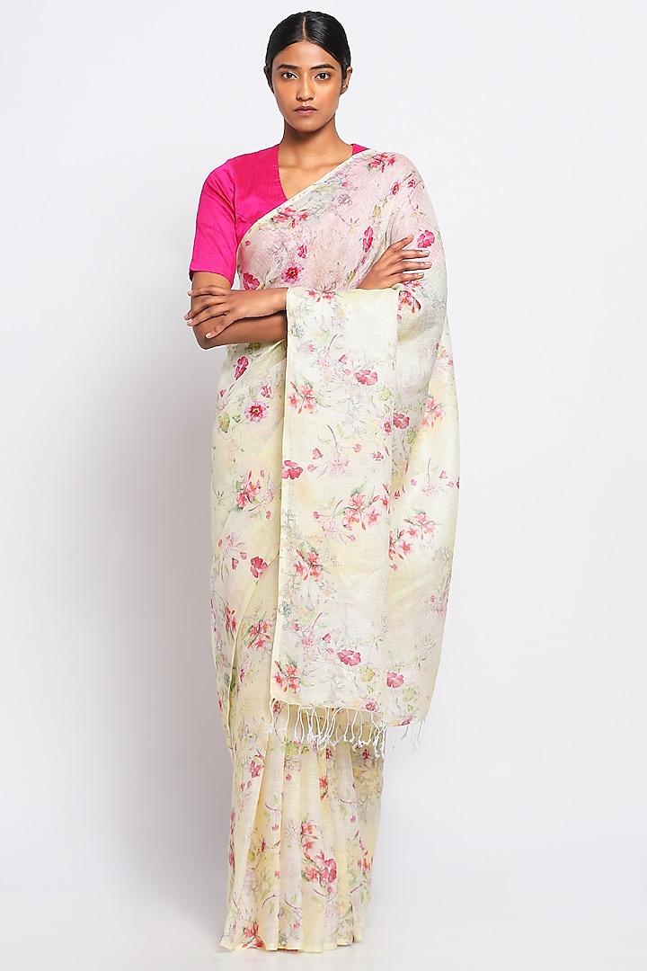 Cream Pure Linen Floral Printed Saree by Via East